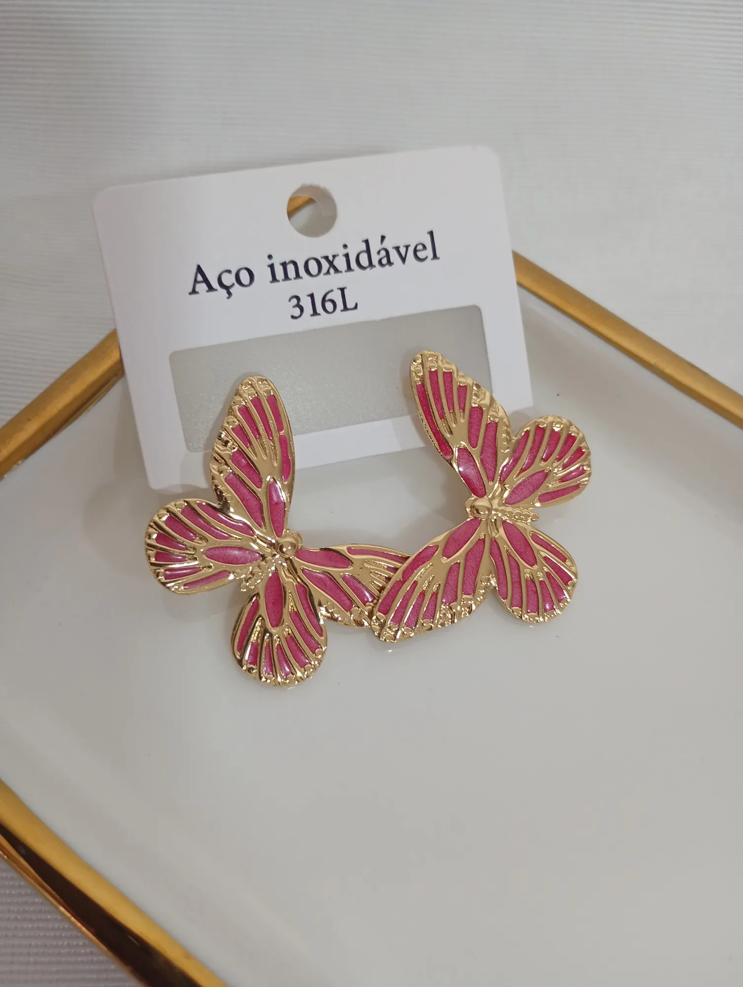 Brinco borboleta pink aço inoxidável — foto 1